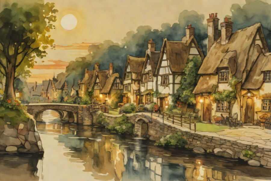 Storybook-style painting of a cosy riverside village at dusk, with a stone bridge and warmly lit cottage windows